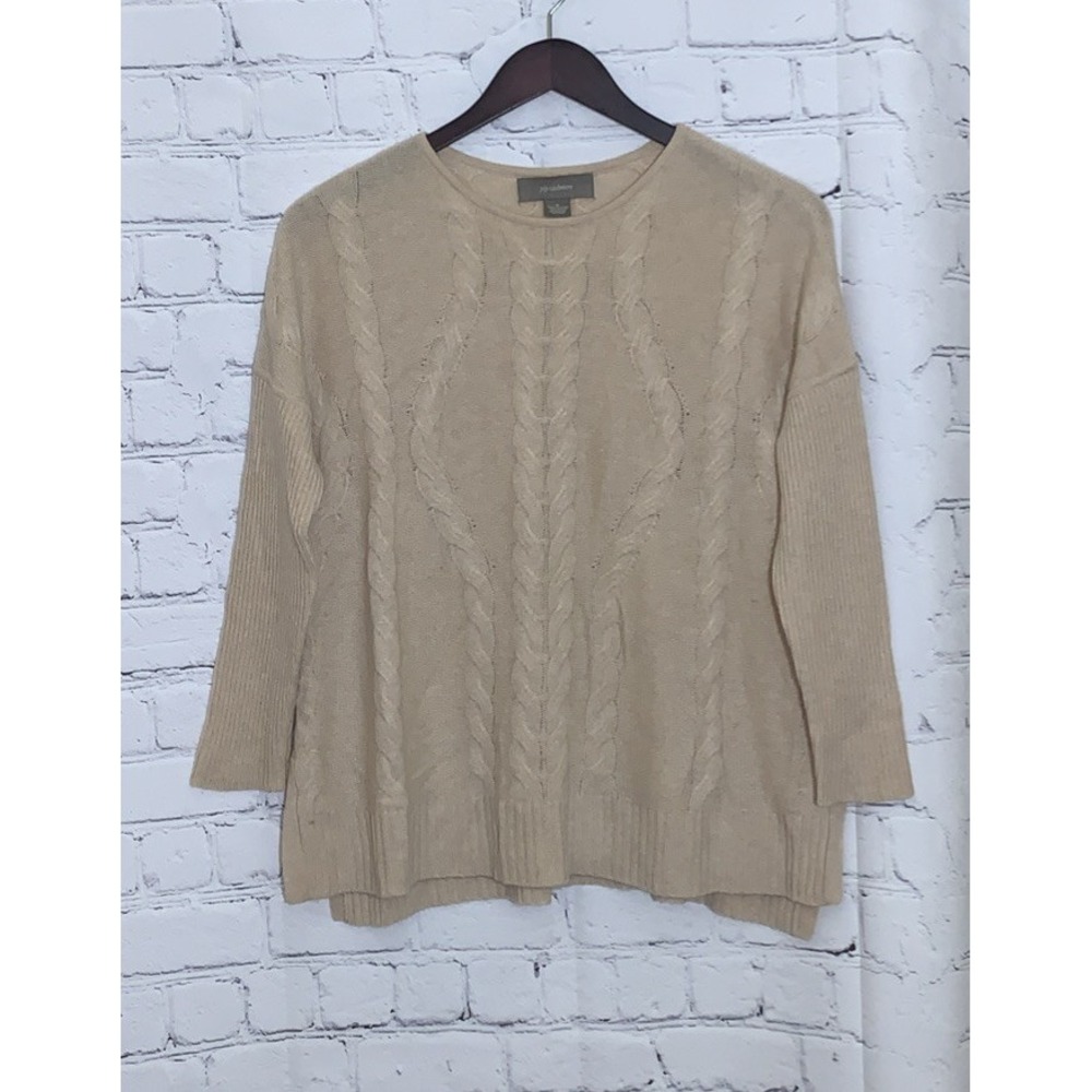 Ply Cashmere Sweater Women's Medium Beige Cable Knit Pullover 100% Cashmere